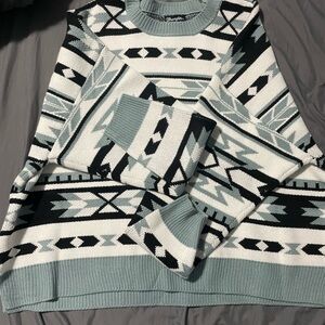 Wrangler Geometric Crewneck Sweater in Sage, Black & White